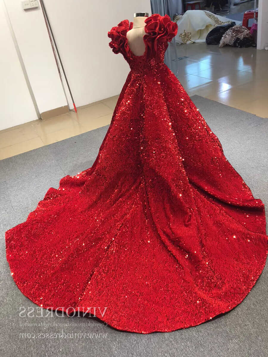 Sparkly Long Train Red Sequin Ball Gowns for Little Girls FD1763C ...