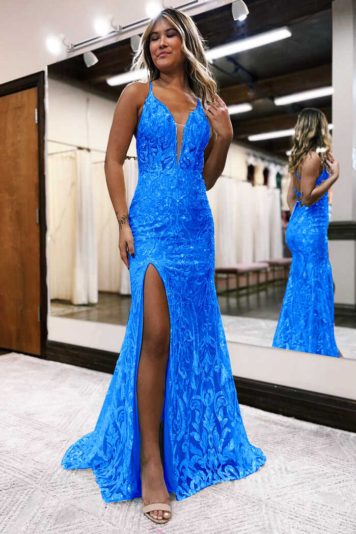 Sparkly Mermaid Deep V Neck Blue Sequins Lace Long Prom Dresses ...