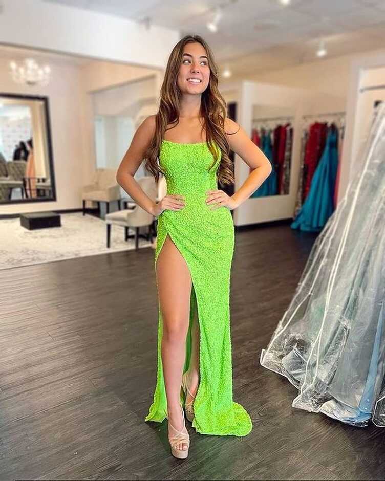 Sparkly Mermaid Scoop Neck Neon Green Prom Dresses with Slit nv257 ...