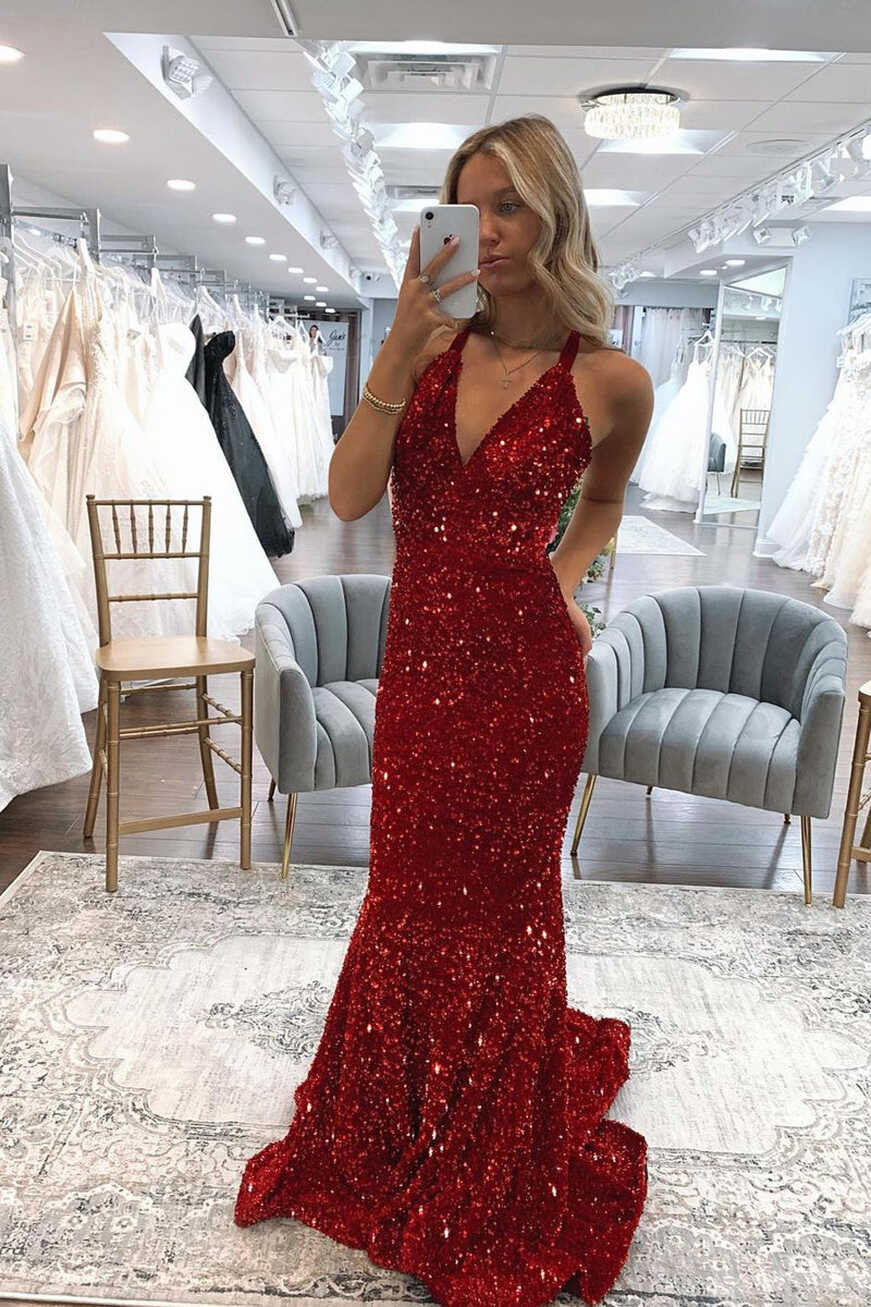 Sparkly Mermaid V Neck Dark Red Sequins Long Prom Dresses AB031502 ...