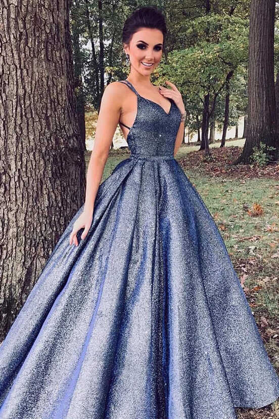 Sparkly Navy Blue Ball Gown V-neck Prom Dresses MP681 | Musebridals