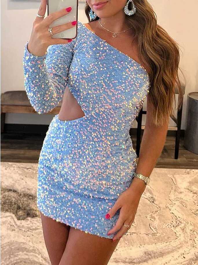 Sparkly One Shoulder Long Sleeve Short Light Blue Homecoming Dresses O