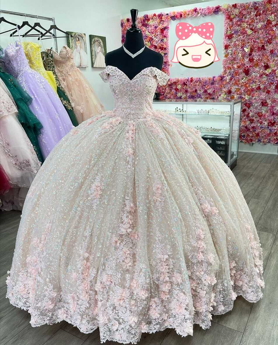 Sparkly Pink Off The Shoulder Ball Gown,Pink Princess Dress,Pink ...