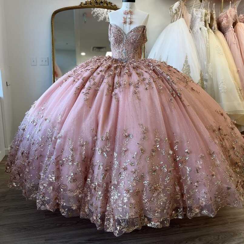 Sparkly Pink Princess Quinceanera Dresses Ball Gown Glitter Gold ...