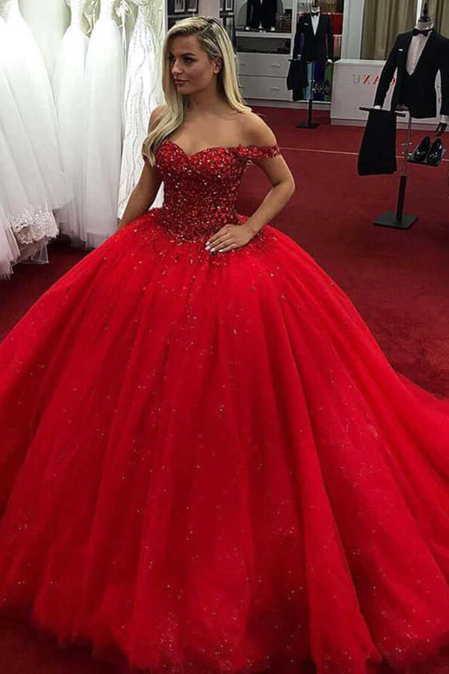 Sparkly Red Ball Gown Wedding Dresses Sweetheart Off Shoulder ...