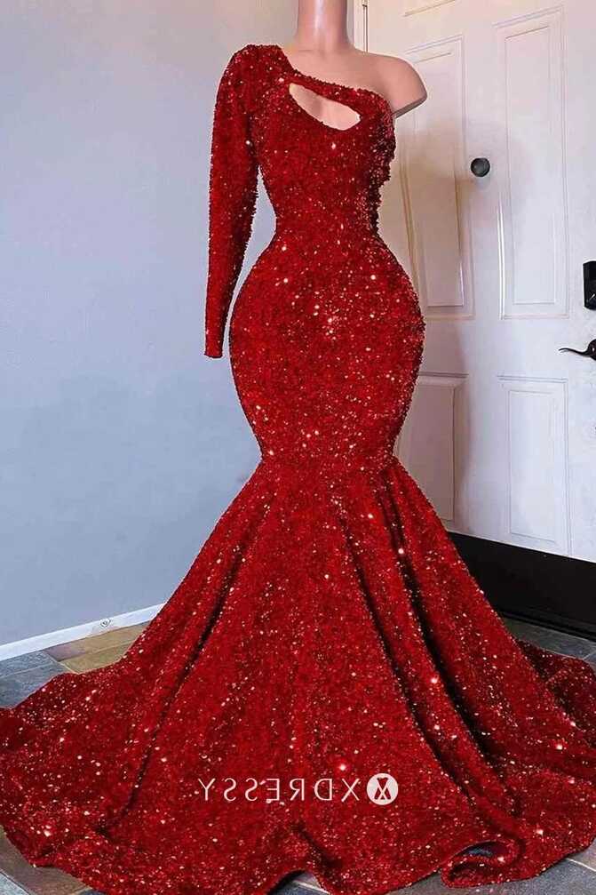 Sparkly Red Sequin One Shoulder Sleeve Prom Dress - Xdressy