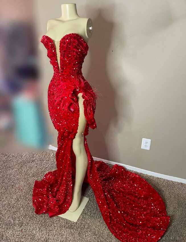 Sparkly Sequined Red Sweetheart Long Prom Dress For Black Girls ...