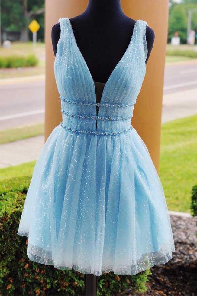 Sparkly Sky Blue Tulle A Line Beaded Homecoming Dress PH364 | Promnova