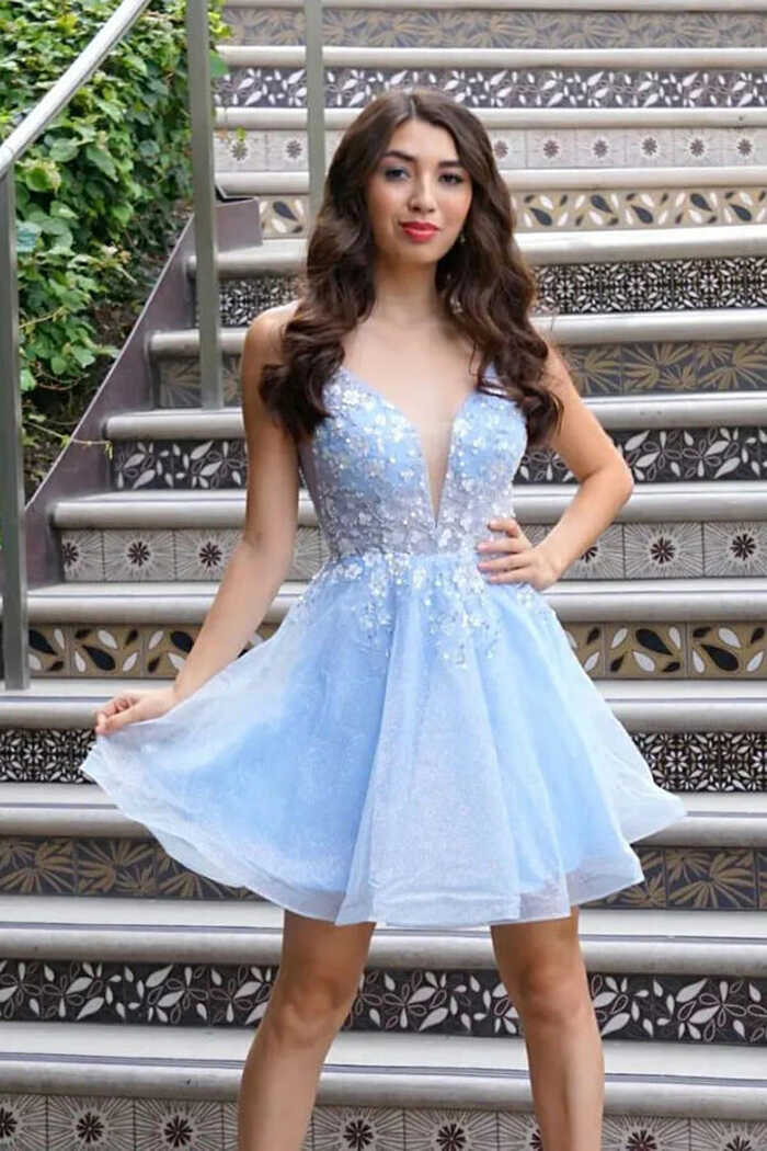 Sparkly Sky Blue Tulle A-line Homecoming Dresses MH547 | Musebridals