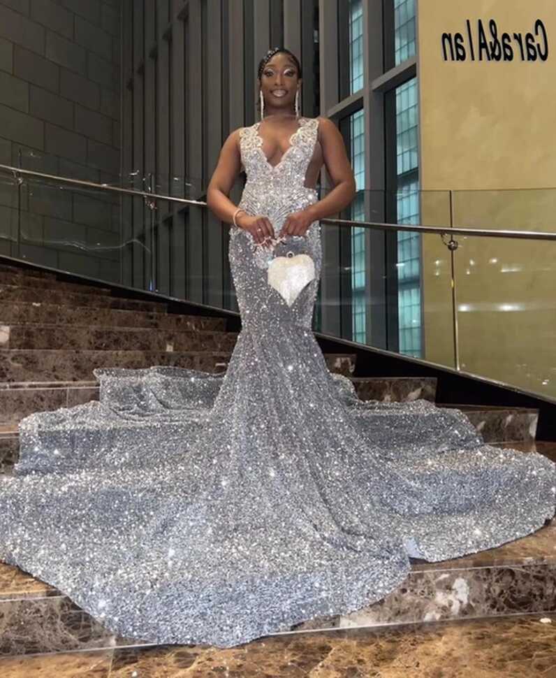 Sparkly Sliver Prom Dresses 2023 Beading African Black Girls ...