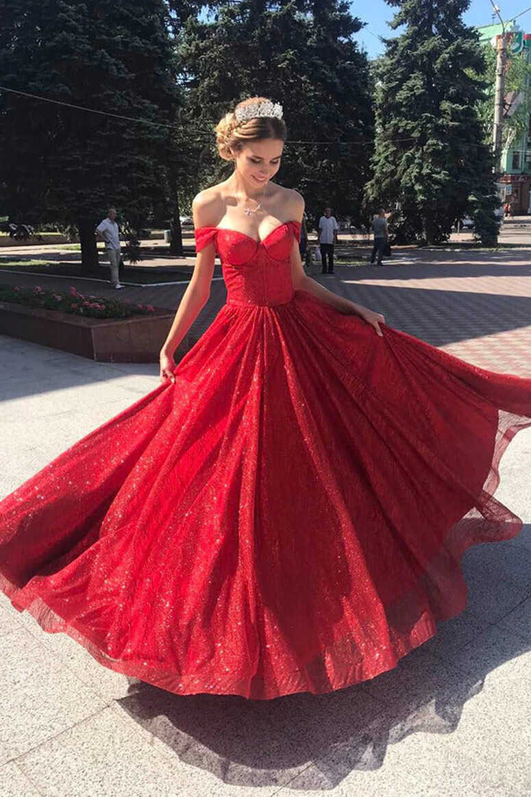 Sparkly Tulle Red A-line Off Shoulder Prom Dresses MP761 | Musebridals