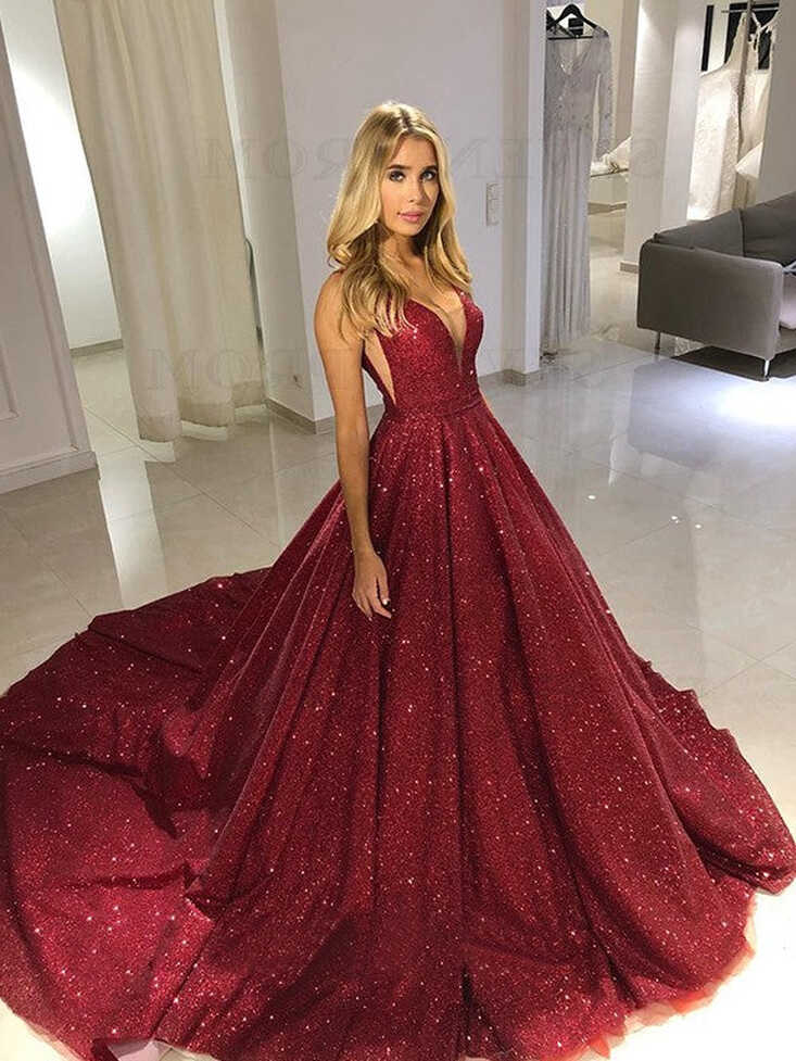 Sparkly V-Neck Glitter Burgundy Prom Dress Long Evening Dress ...