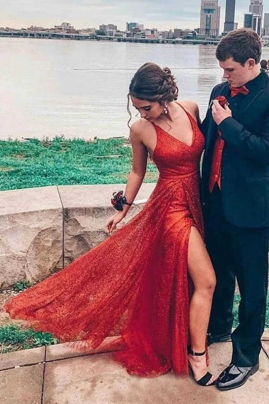 Sparkly V-neck Backless A-line Red Long Prom/Formal Dress With ...