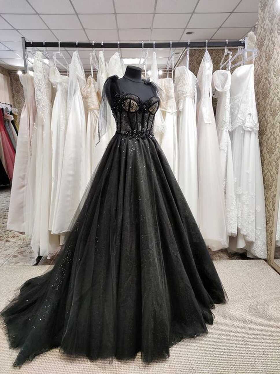 Sparkly black prom dress night corset neckline fairy tale tulle ...