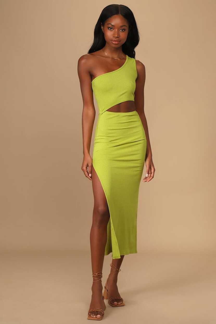 Spice Things Up Lime Green Ribbed One-Shoulder Cutout Midi Dress