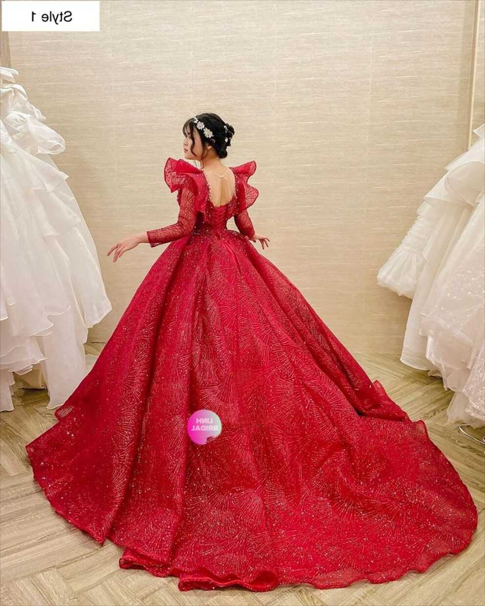 Splendid long sleeves red sparkle ball gown wedding dress with ...