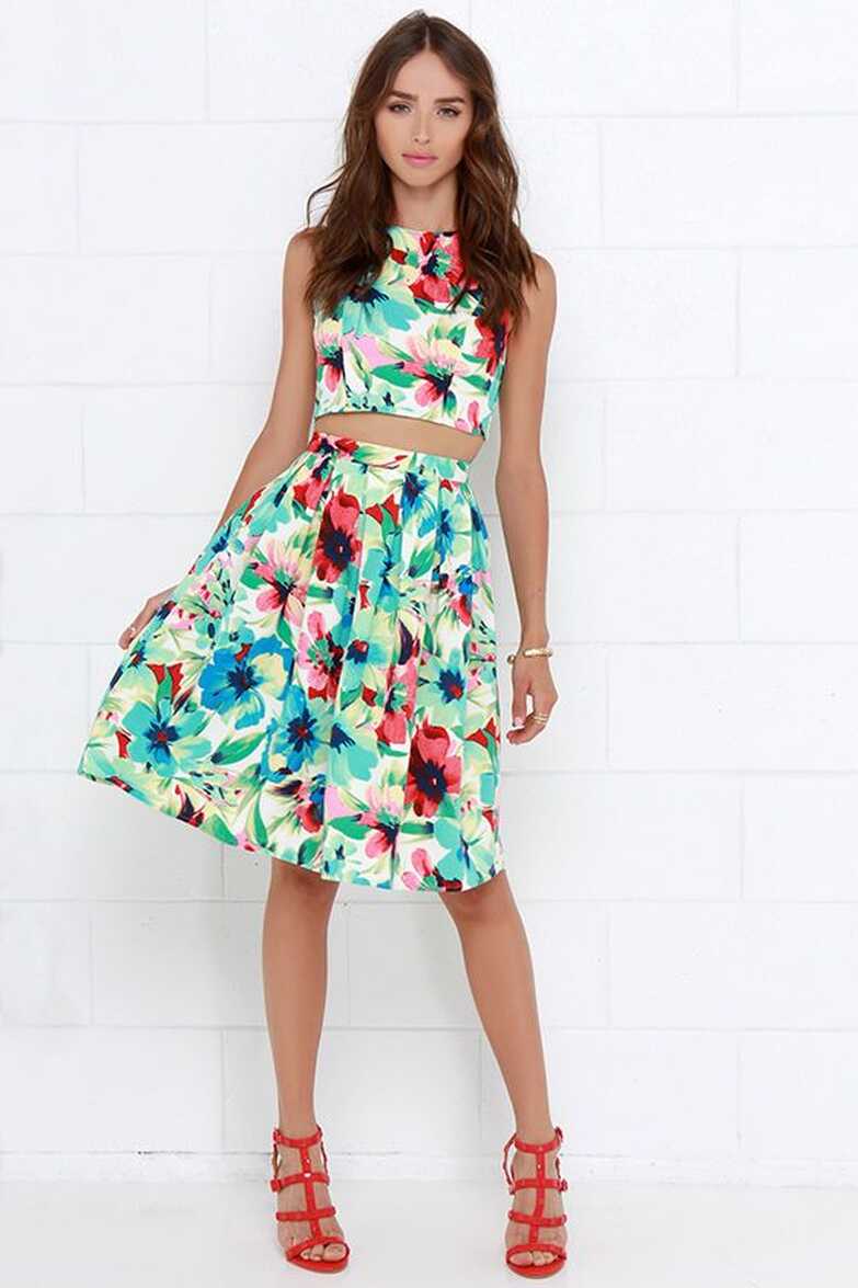 Splendidly Spry Blue Floral Print Two-Piece Midi Dress | Bodycon ...