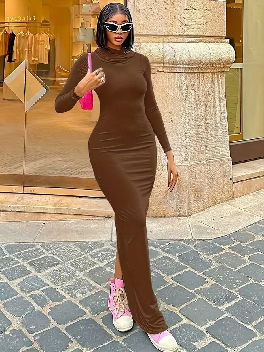 Split Hooded Dress Casual Solid Long Sleeve Bodycon Dress - Temu ...