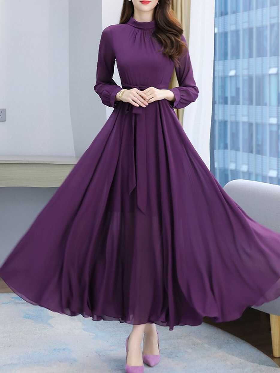 Spring And Autumn Pure Color Chiffon Long Sleeve Dress Purple 3XL