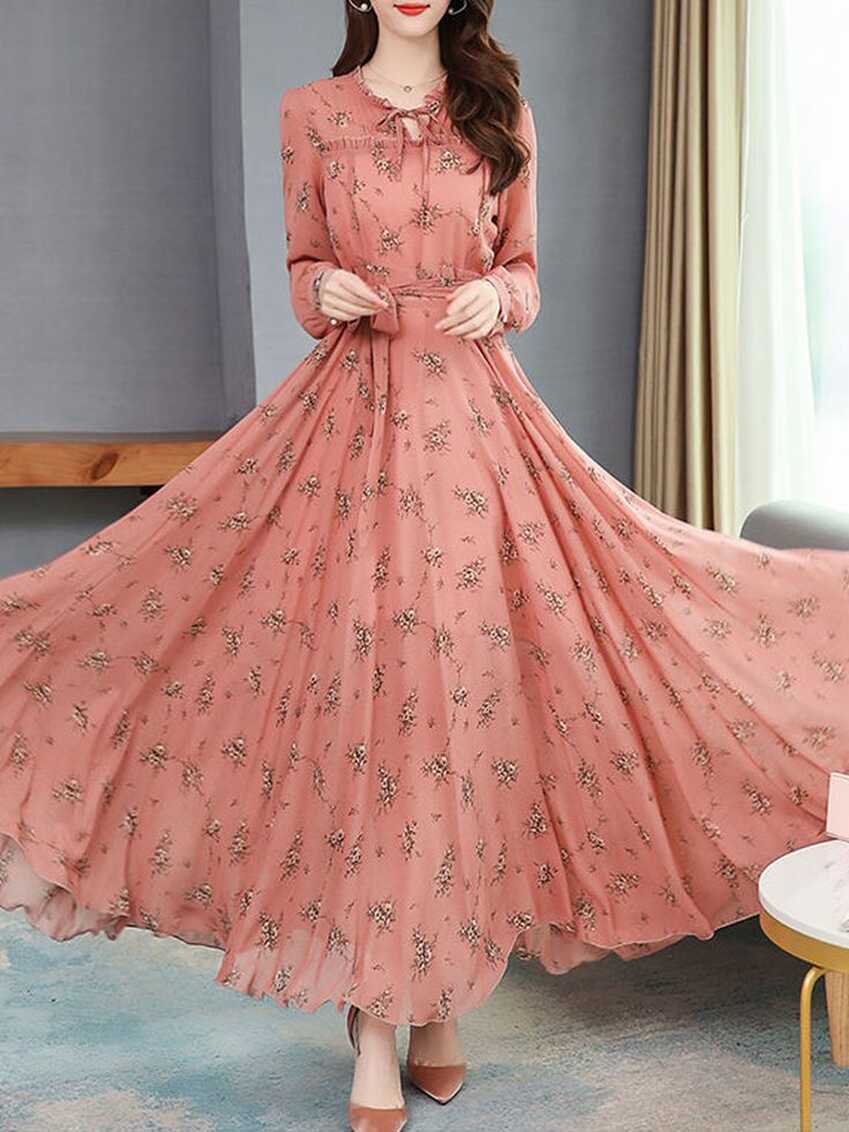 Spring/Fall Floral Elegant Chiffon Long Sleeve Dress Pink S