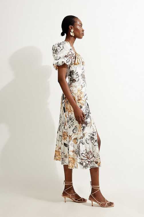 Spring Floral Viscose Linen Woven Puff Sleeve Midi Dress | Karen ...