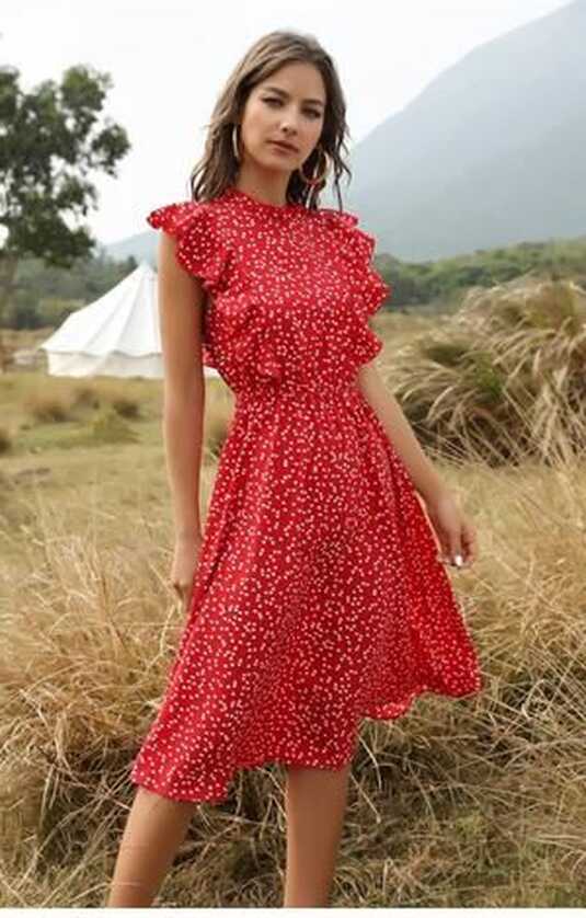 Spring Love Floral Print Ruffle Midi Red Dress