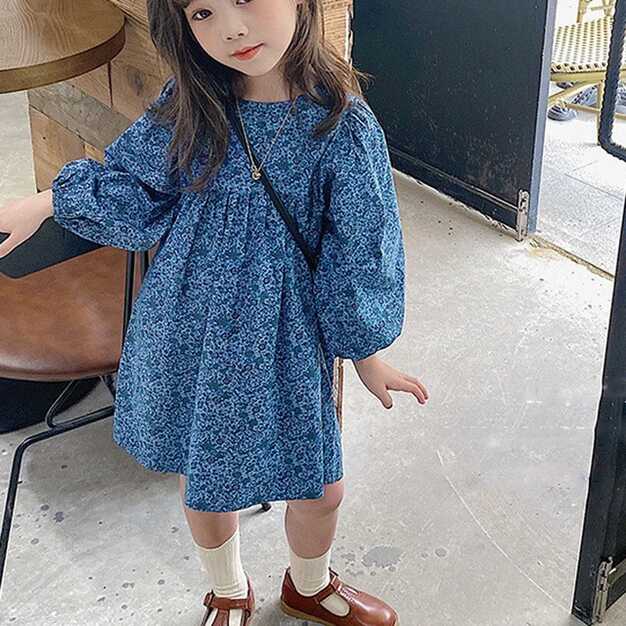 Spring Summer Girls&#39; Dress Korean Style Long Puff Sleeve Floral ...