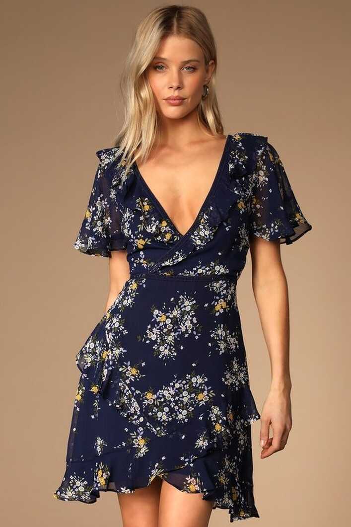 Spring Sweetheart Navy Blue Floral Flutter Sleeve Mini Dress