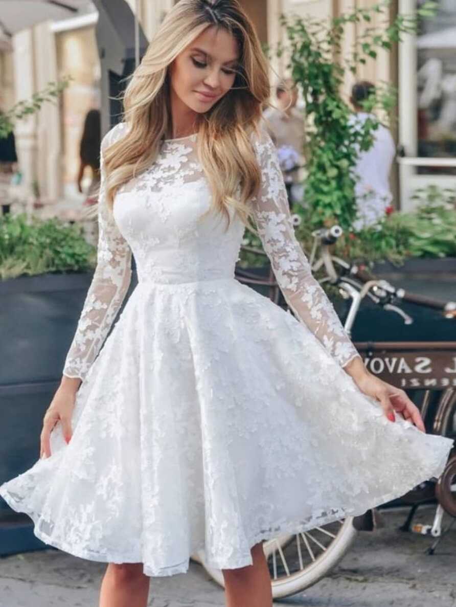 Spring Women Elegant White Overall Lace O-neck Long Sleeve Puffy ...