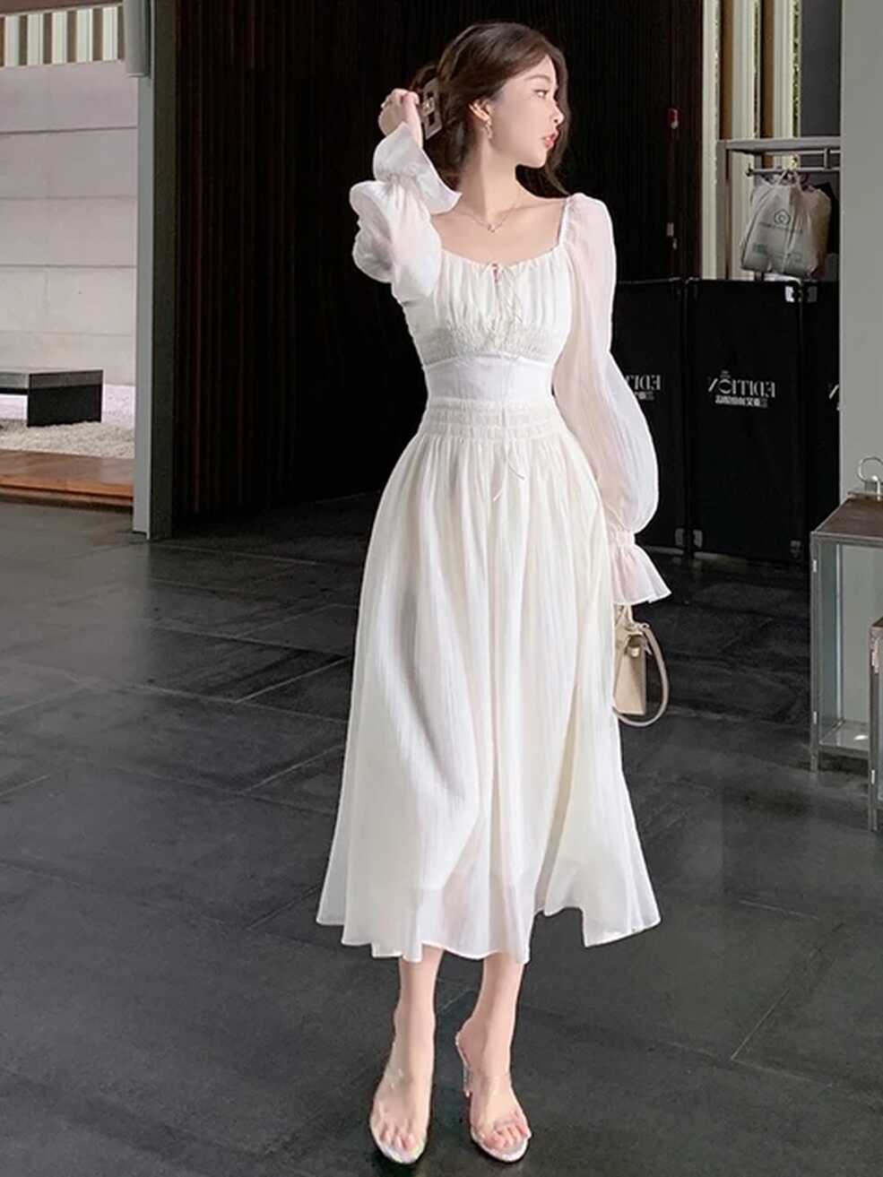 Spring Women Elegant white Midi Dresses female long sleeve high ...