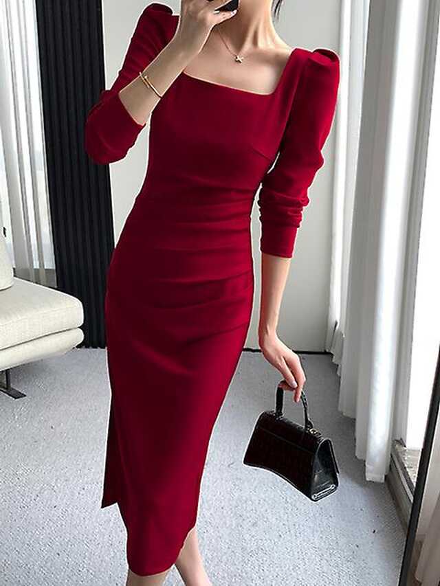 Square Collar Solid Wedding Maxi Dresses For Women Office Lady ...