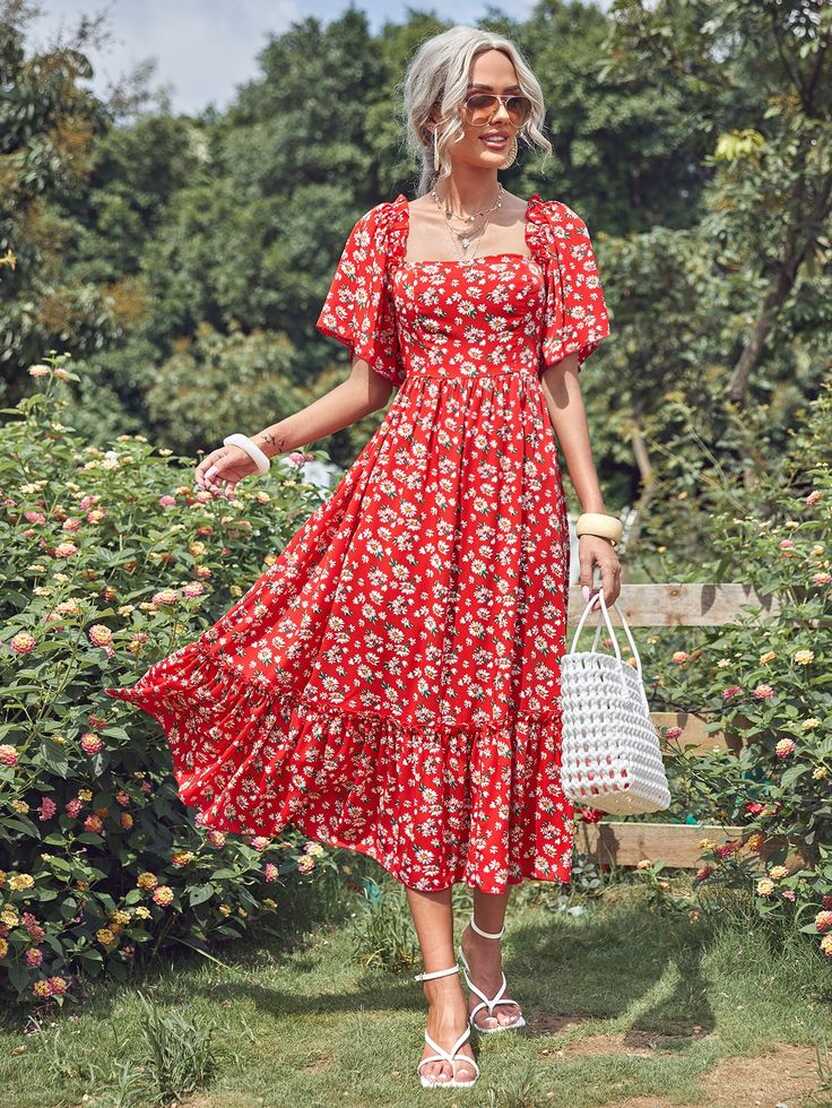 Square Neck Butterfly Sleeve Floral Dress | Summer dresses, Floral ...