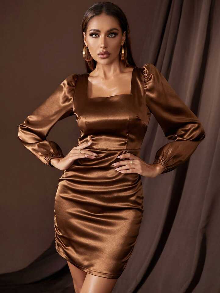 Square Neck Puff Sleeve Knotted Back Ruched Satin Bodycon Dress