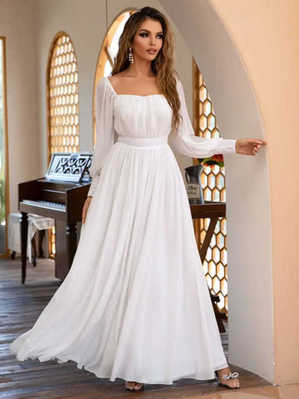 Square Neckline Long Sleeve White Chiffon Maxi Party Dress ...