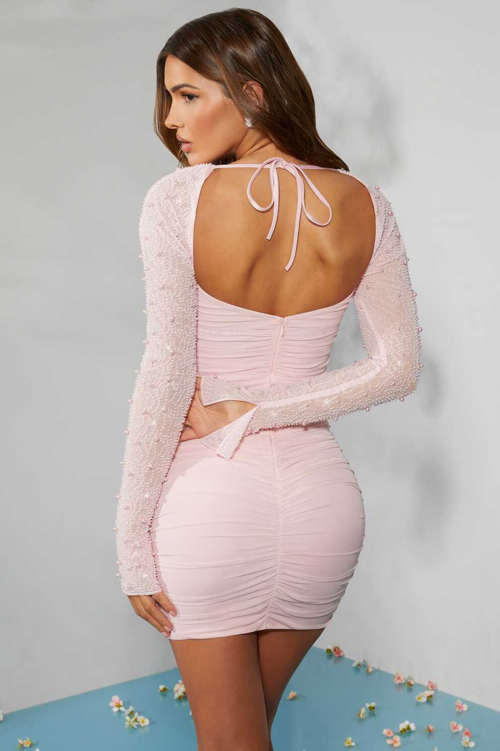 St. Germain Embellished Long Sleeve Mini Dress in Blush | Oh Polly