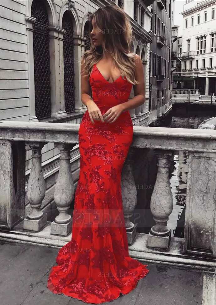 Stacees Red Prom Dress Trumpet/Mermaid V Neck Sleeveless Sweep ...