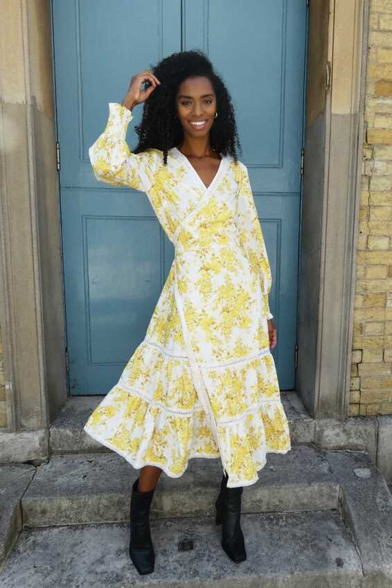 Stella Yellow Floral Midi Wrap Dress - Sale from Yumi UK