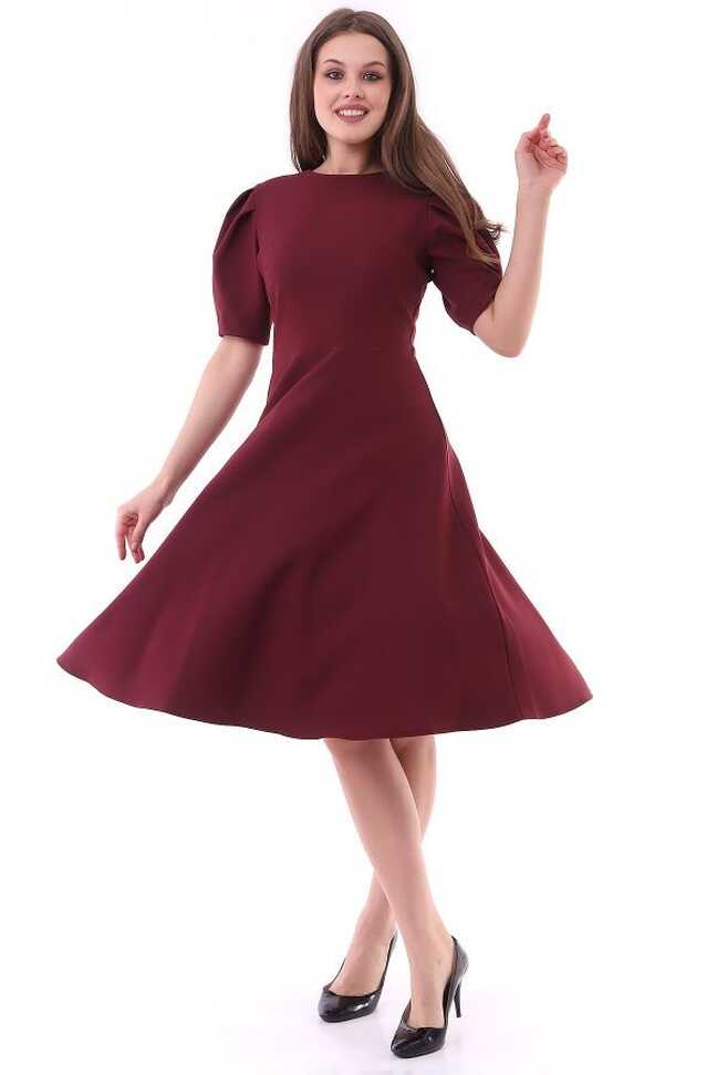 Stil Adventure Claret Red Dress with Bell Skirt, Balloon Sleeves ...