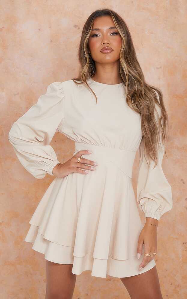 Stone Binding Waist Puff Long Sleeve Shift Dress ...