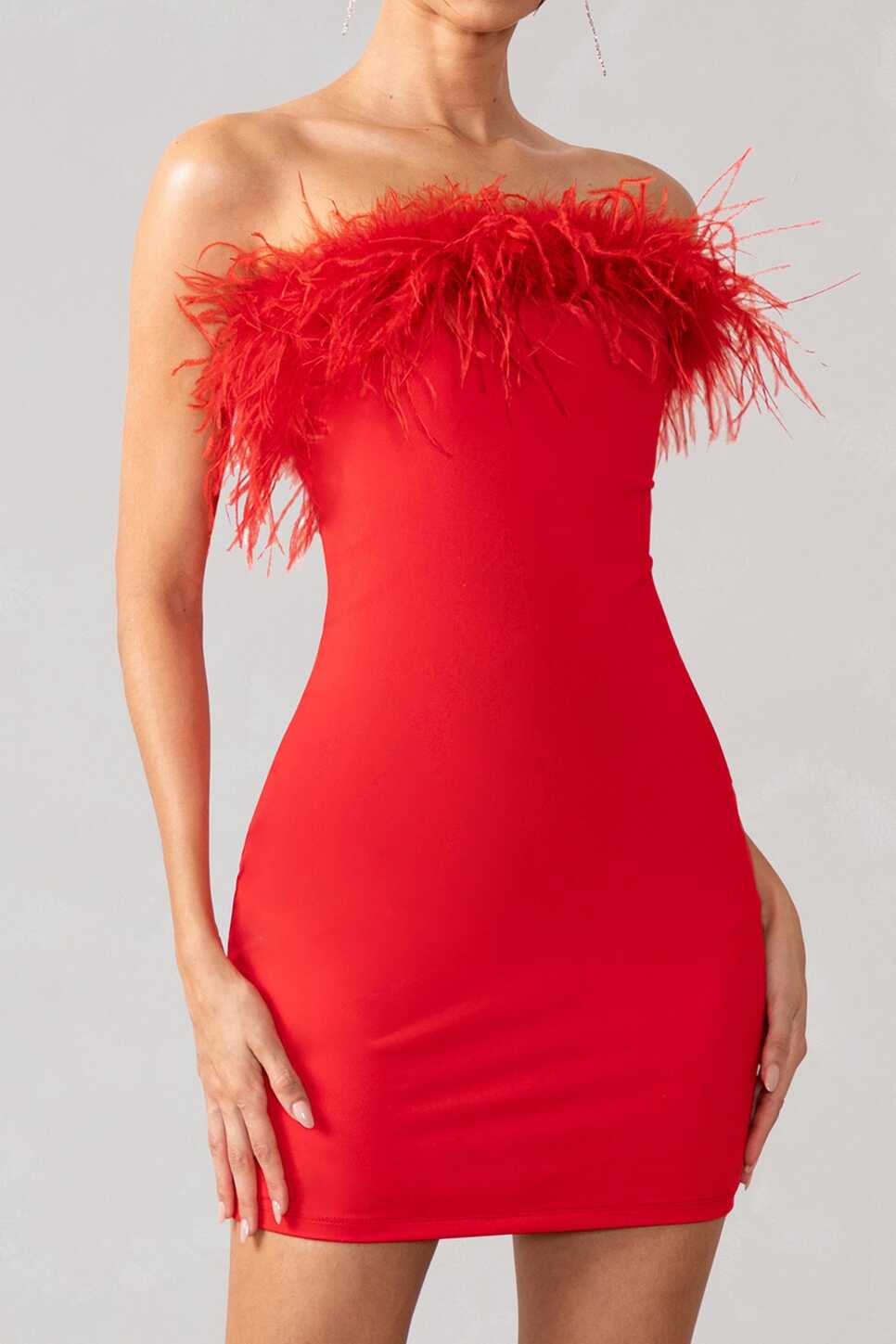 Stop The Show Red Feather Trim Strapless Bodycon Mini Dress – Club ...