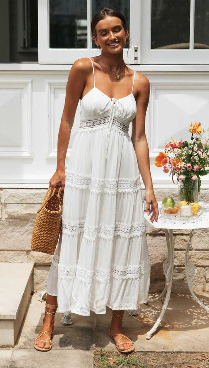 Strap Lace Stitching Large Swing Bohemian White Beach Dress ...