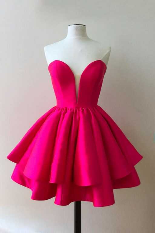 Strapless Hot Pink Satin Layered Short Prom Homecoming Dresses ...