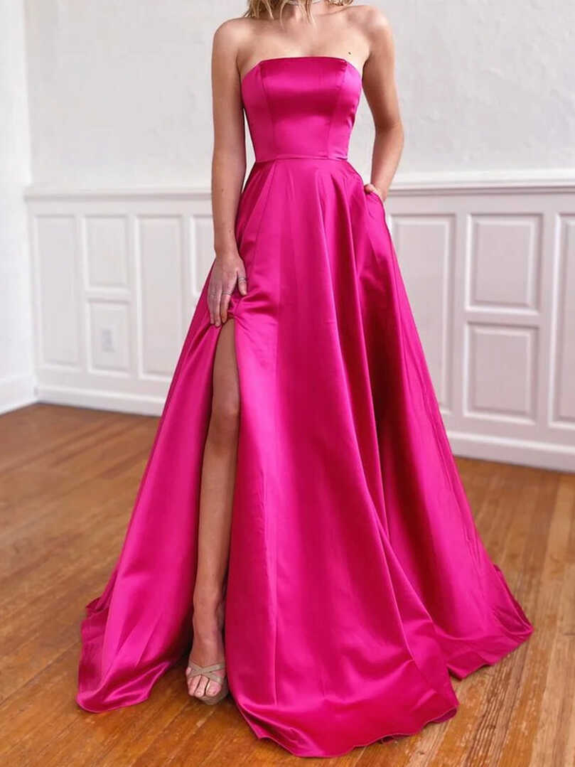 Strapless Hot Pink Satin Prom Dresses, Strapless Hot Pink Long ...