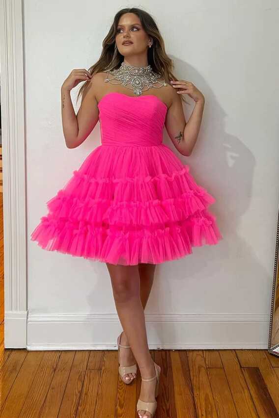 Strapless Hot Pink Tulle Short Prom Dresses, Strapless Hot Pink ...