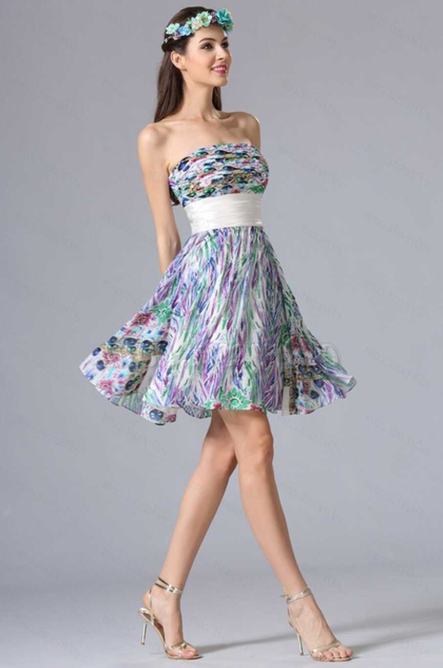 Strapless Knee Length Summer Printed Dress Floral Dress ...