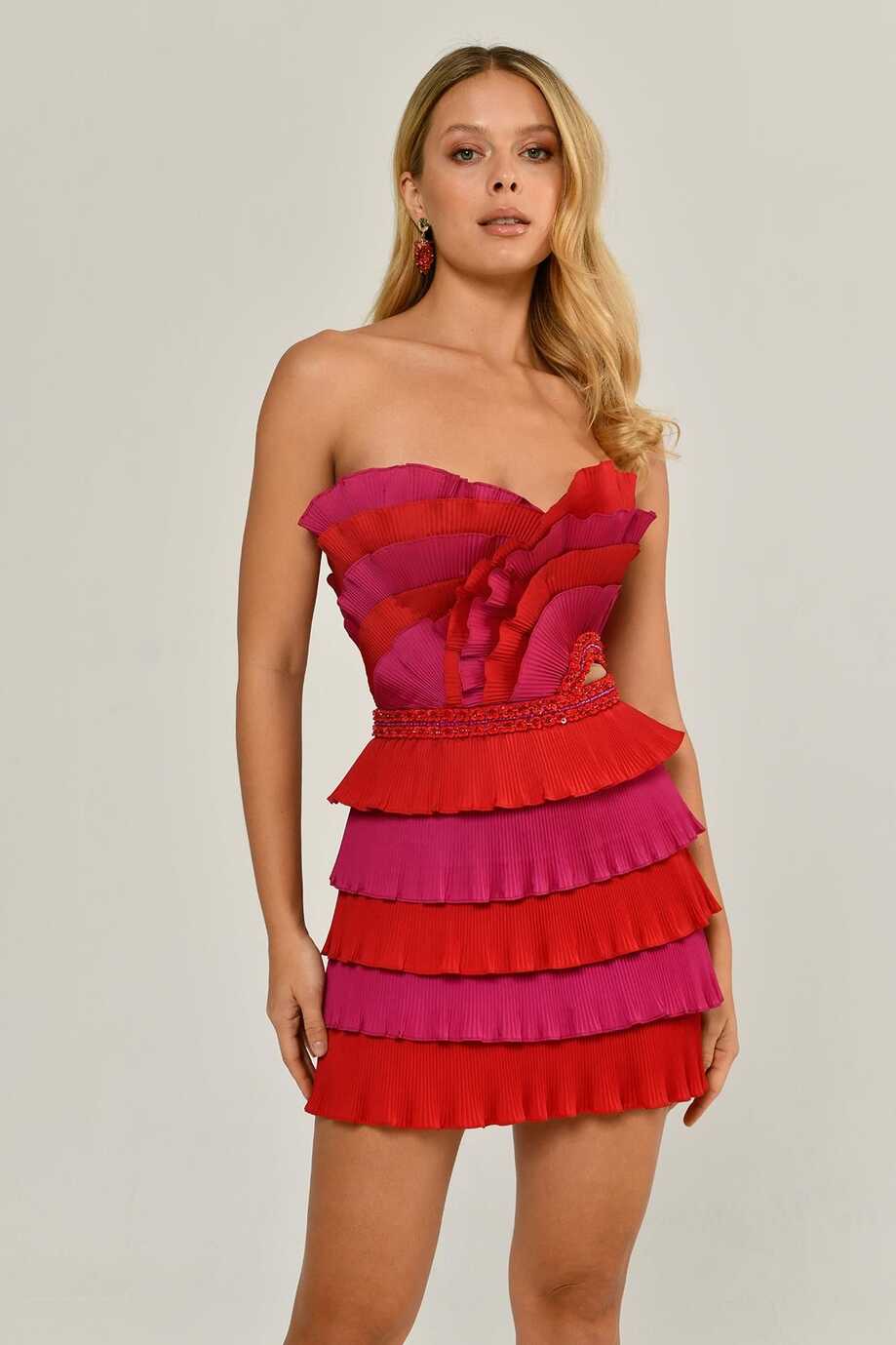 Strapless Layered Pleated Taffeta Short Dress