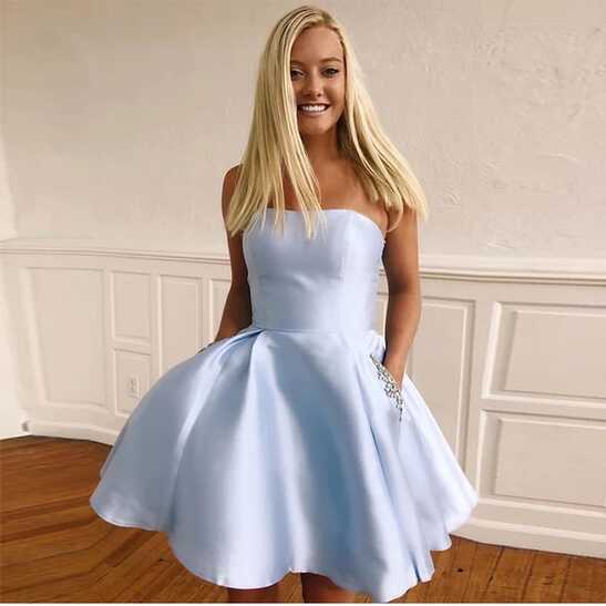 Strapless Light Sky Blue Cocktail Dresses With Pockets New Satin ...