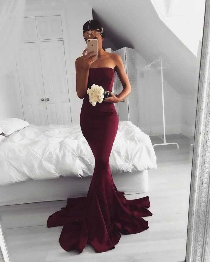 Strapless Maroon Mermaid Evening Prom Dresses, Long Simple Party Prom