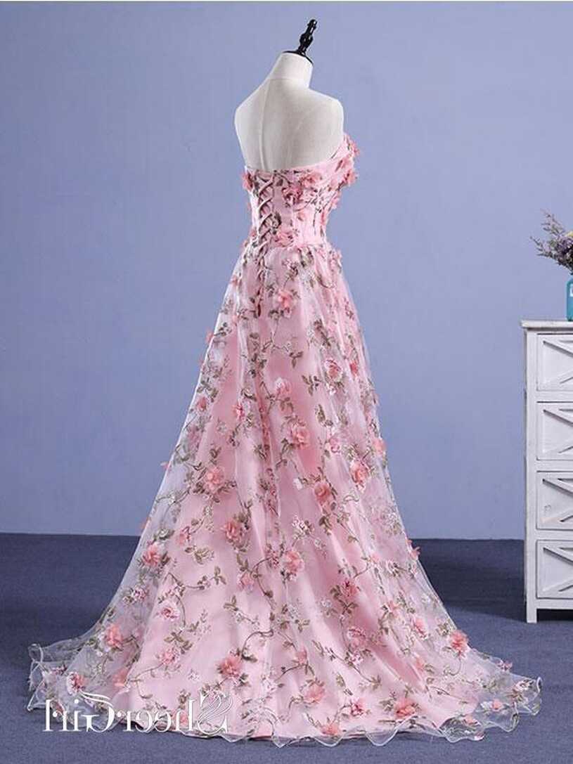 Strapless Pink Floral Prom Dresses Flower Applique Formal Dress ...