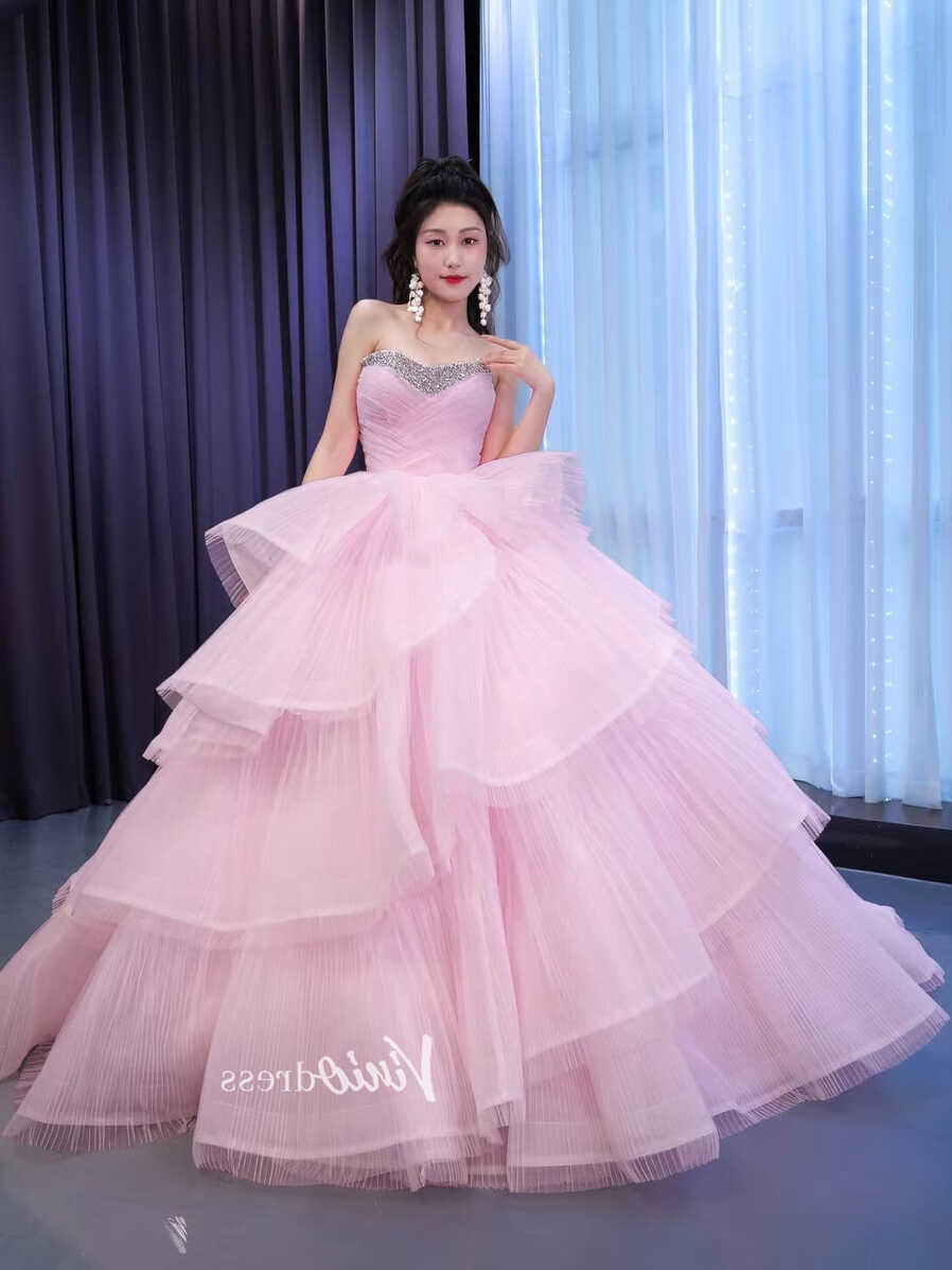 Strapless Pink Prom Ball Gown Layered Princess Quince Dress 67446 ...